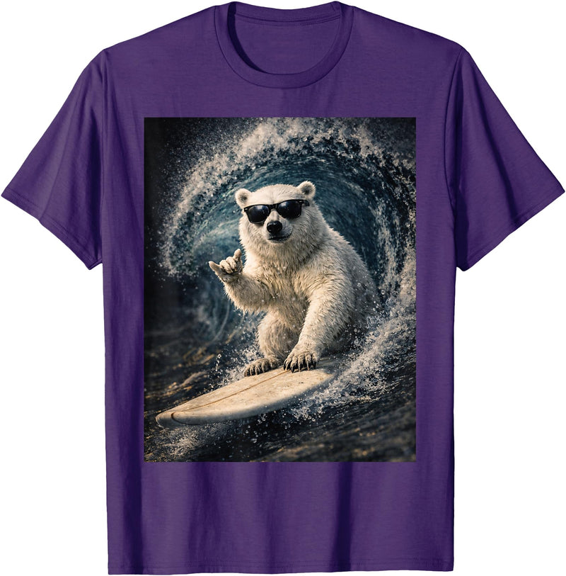 White Bear Surfing Waves Funny Animal Apparel Funny Polar Bear Surfer Catching Waves | Shaka Funny Animal T-Shirt - Purple