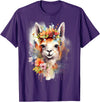 Llama Bloom Studio Cute Llama Floral Crown Watercolor Animal Art T-Shirt - Purple