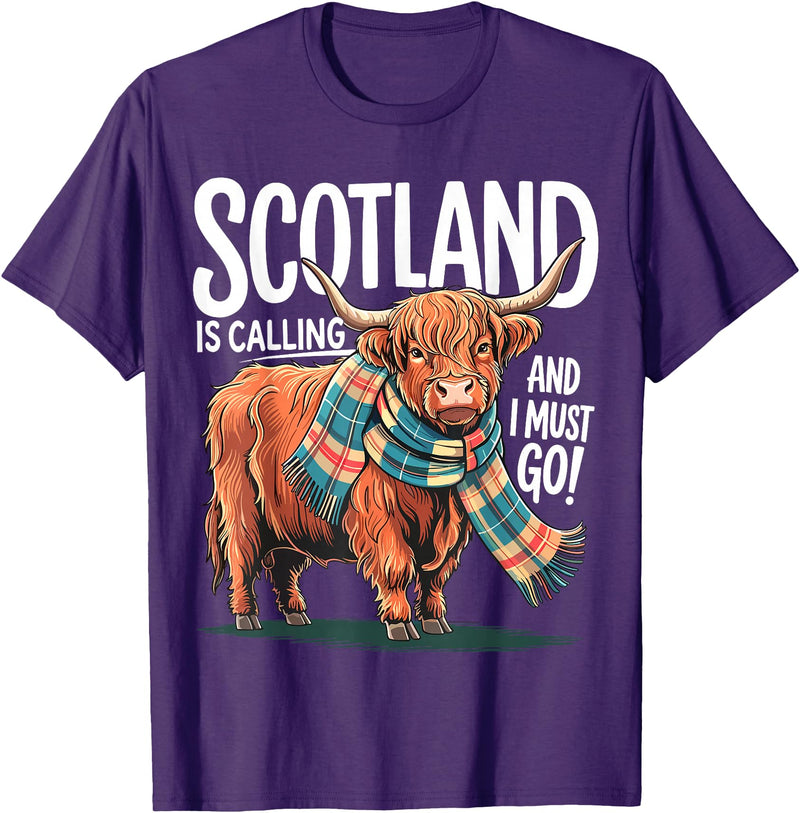 Funny Scottish Highland Cow Scotland is Calling and I Must go Scottish Highland Cow T-Shirt - Purple