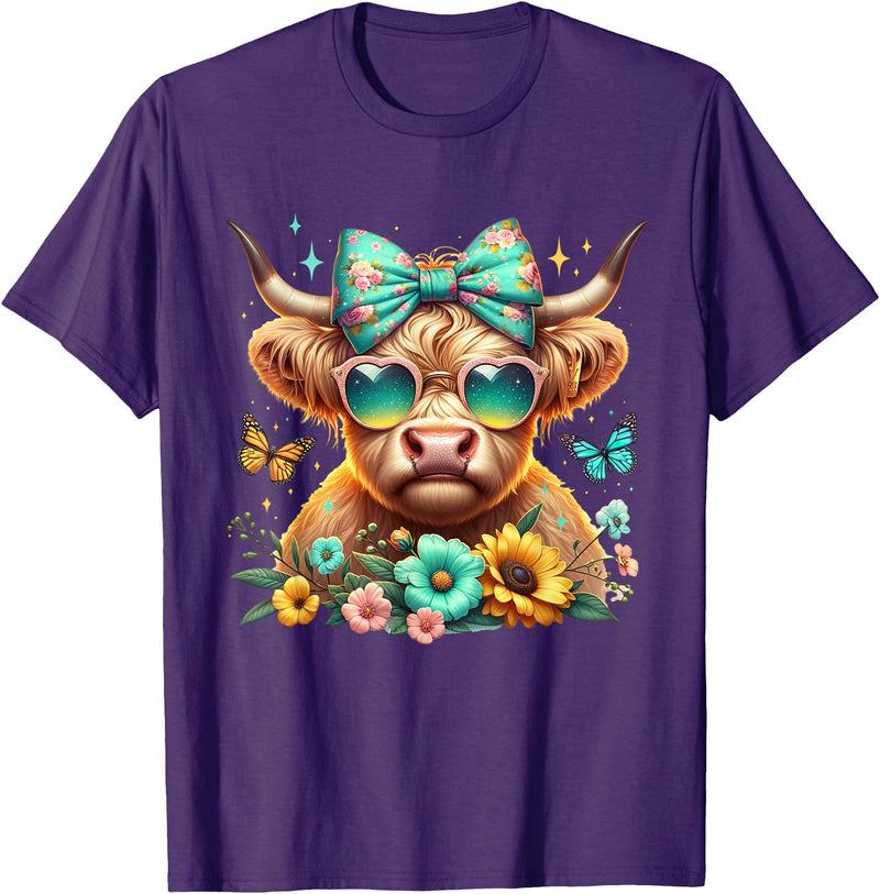 Highland Cow Land of NYC Highland Cow Mama Floral Bow Glasses Butterfly Orange Teal T-Shirt - Purple
