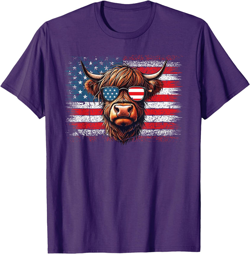 Funny Cute Highland Cow 4th Of July Farmer Gifts Highland Cow American Flag Farm Cow Lover Patriotic Vintage Style T-Shirt -