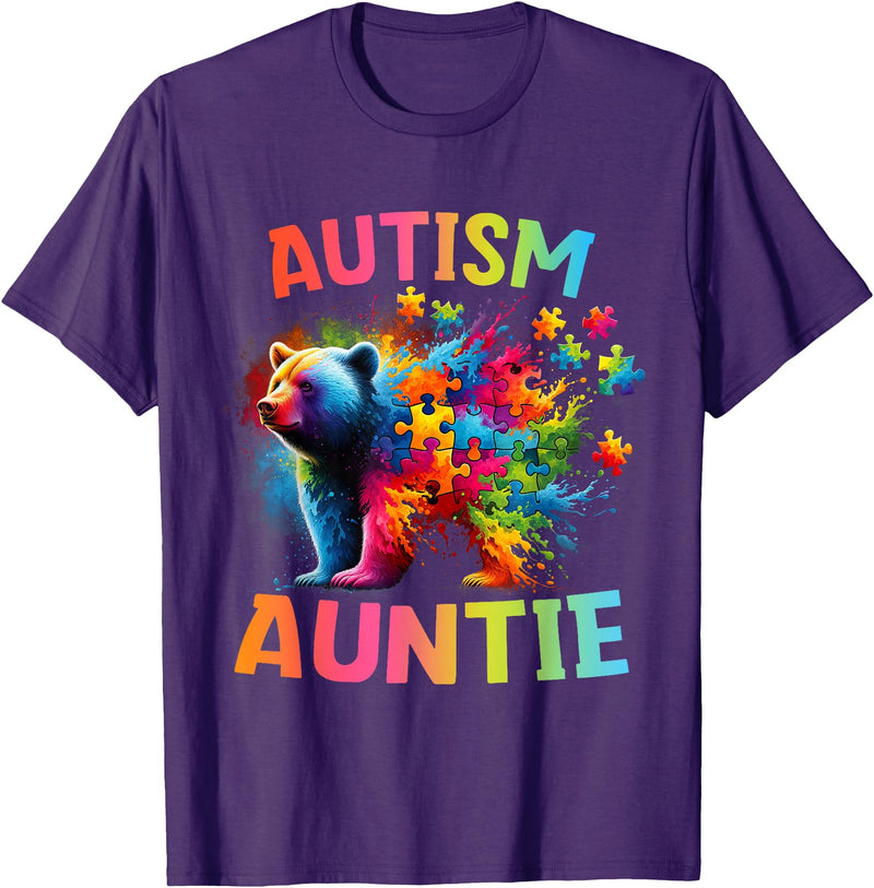 Colorful Rainbow Family Bear Autism Awareness Autism Auntie Colorful Rainbow Auntie Bear Autism Awareness T-Shirt - Purple