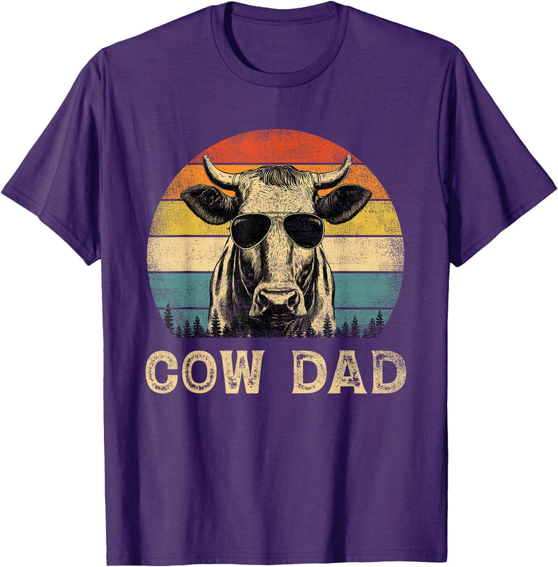 Cow Dad Vintage Retro Fathers Day Funny Gift Vintage Cow Dad Cow Lovers Daddy Father's Day T-Shirt - Purple