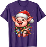Wrapped with Christmas Lights Pig Christmas Lights Santa Hat Xmas Snow T-Shirt - Purple