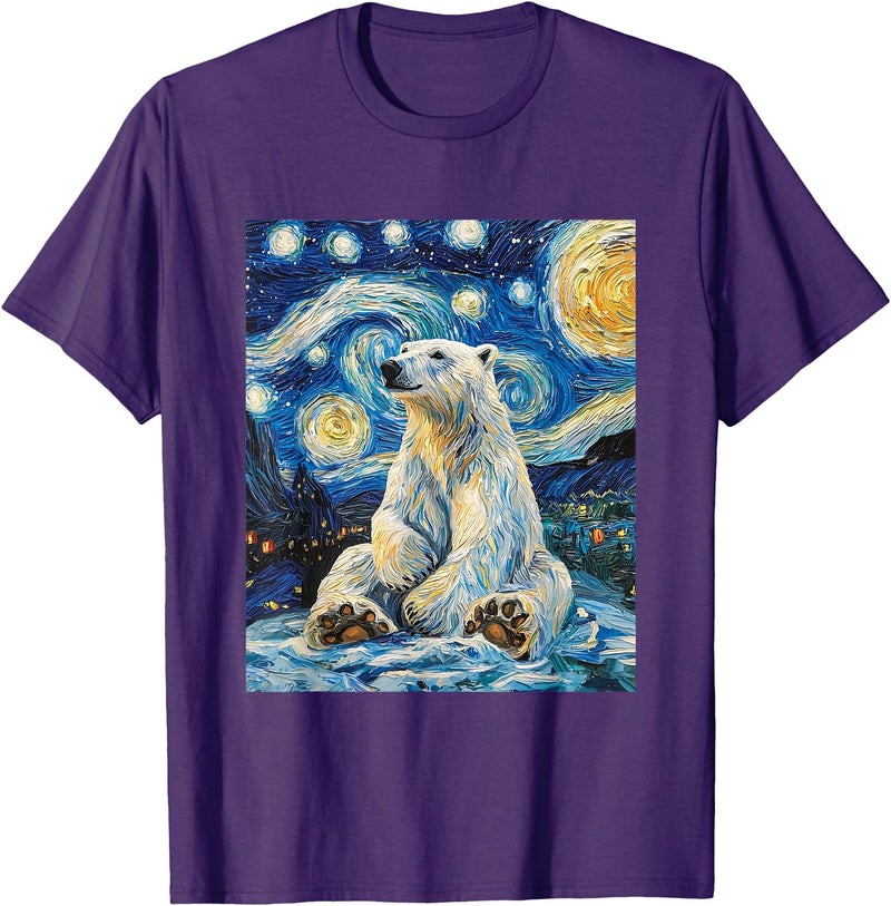 Bear Designs. Cute Polar Bear Van Gogh Style Starry Night Funny Graphic T-Shirt - Purple