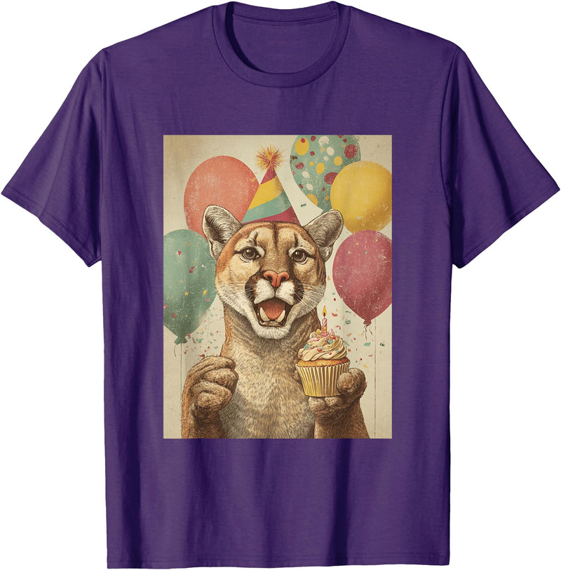 Animal Zoo Mountain Lion Birthday Apparel Mountain Lion Retro Art Print Birthday Party Cupcake T-Shirt - Purple