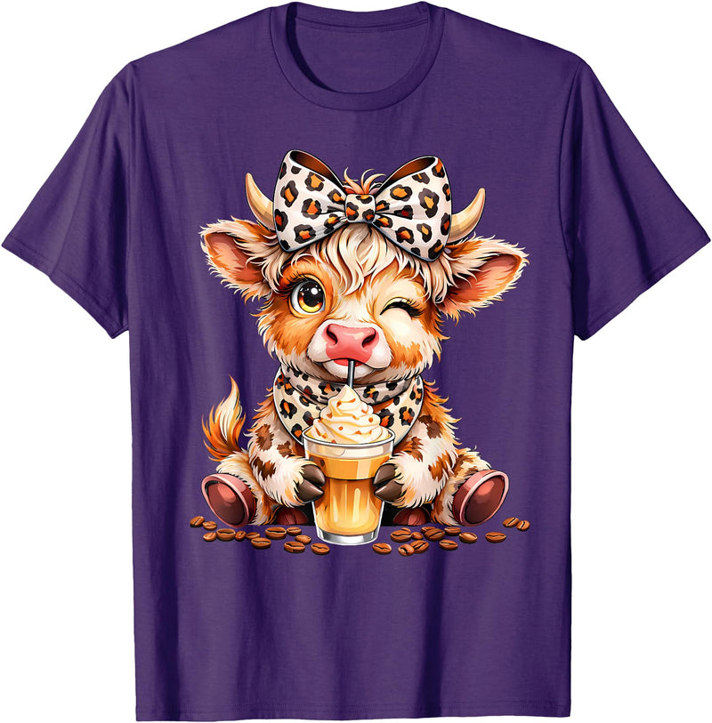 Cute Highland Cow Coffee Addict Leopard Bow Highland Cow Coffee Addict Funny Drink Coffee T-Shirt - Purple