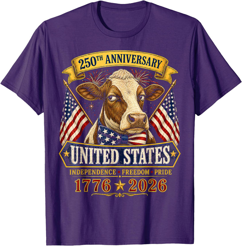 Patriotic 250 Years of Freedom 1776-2026 250 Years America Cow Patriotic USA 4th of July T-Shirt - Purple