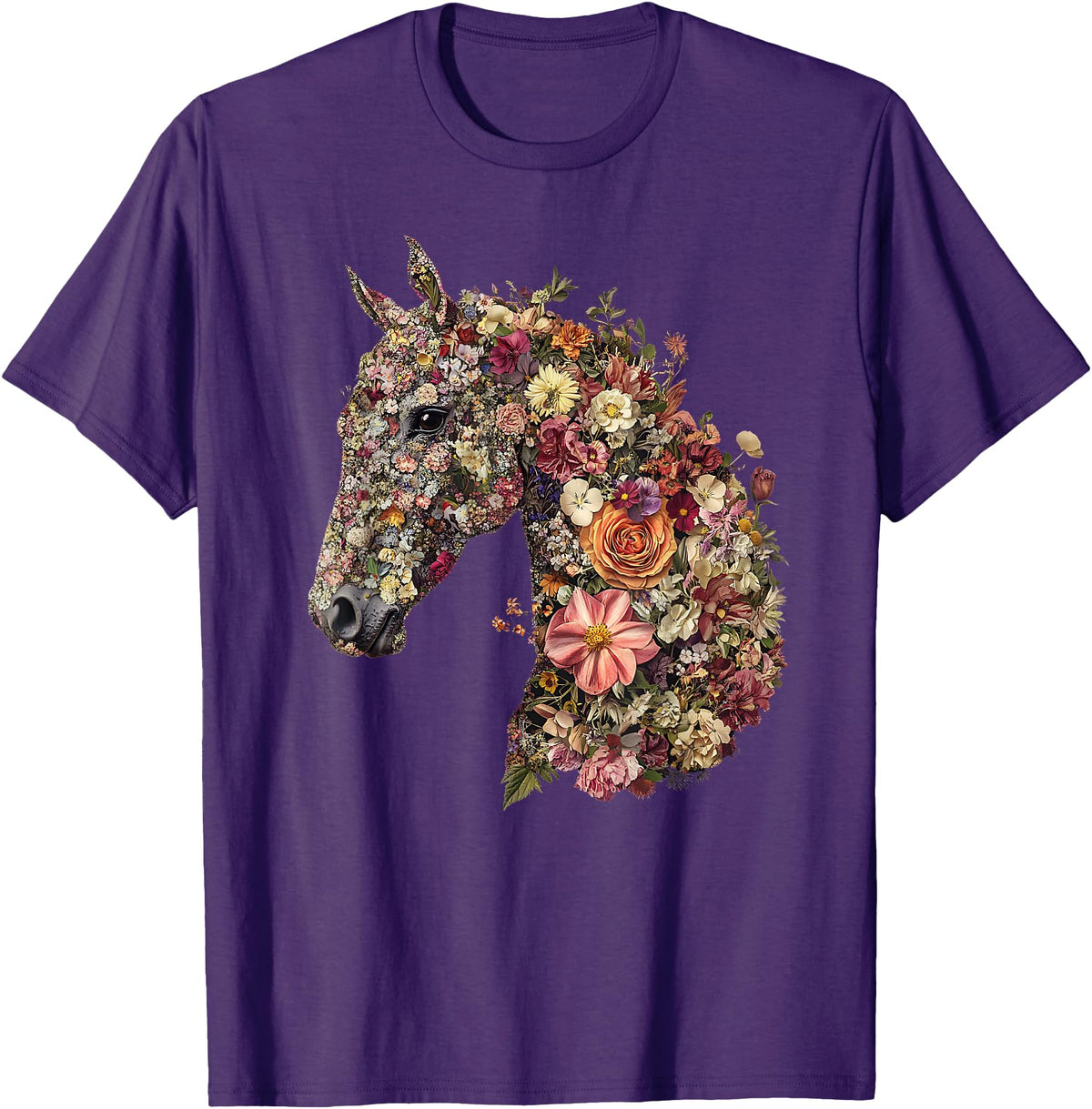 Horse Lover Gifts Floral Horse T-Shirt - Unisex-Adult, Classic Fit, Black, Small, Short Sleeve, Cotton Blend, Floral Pattern - Purple