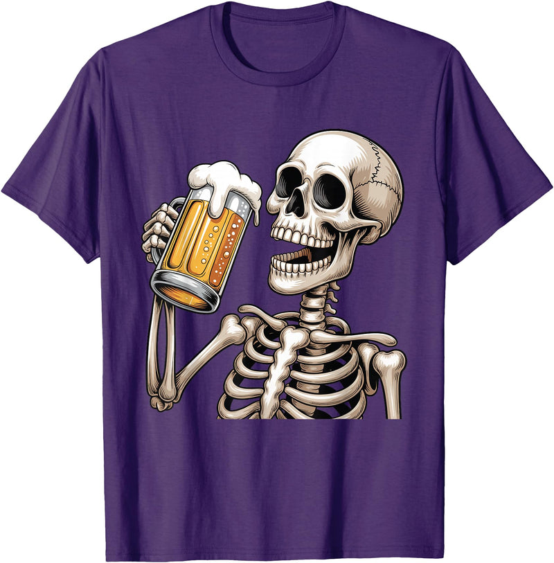 Halloween Skull Skeleton Drinking Beer Funny Kids Skeleton Drinking Beer Halloween Spooky Season Mens Womens T-Shirt - Purple
