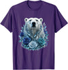 Arctic Polar Bear Crystal Rose Winter Spirit Majestic Polar Bear with Blue Ice Crystal Roses T-Shirt - Purple