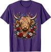 Funny July 4th Highland Cow Farm Lovers Highland Cow Florals 4th of July USA Flag Patriotic Women T-Shirt - Purple