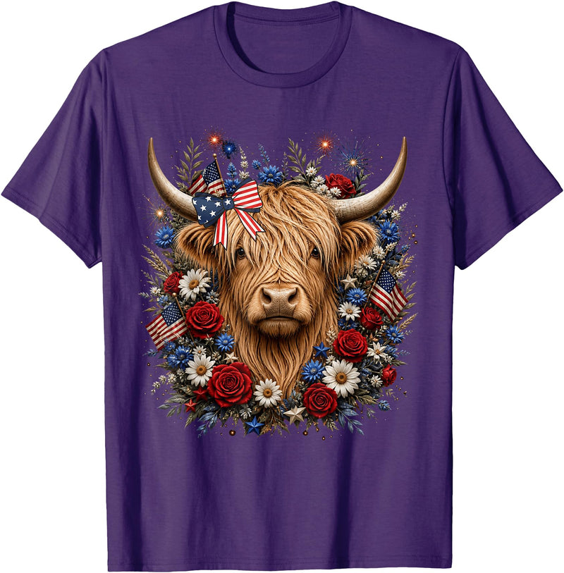 Funny July 4th Highland Cow Farm Lovers Highland Cow Florals 4th of July USA Flag Patriotic Women T-Shirt - Purple