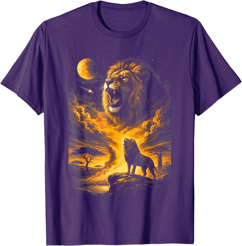 Howzit South Africa Majestic Roaring Lion Savanna Moon Night Sky African Safari T-Shirt - Purple