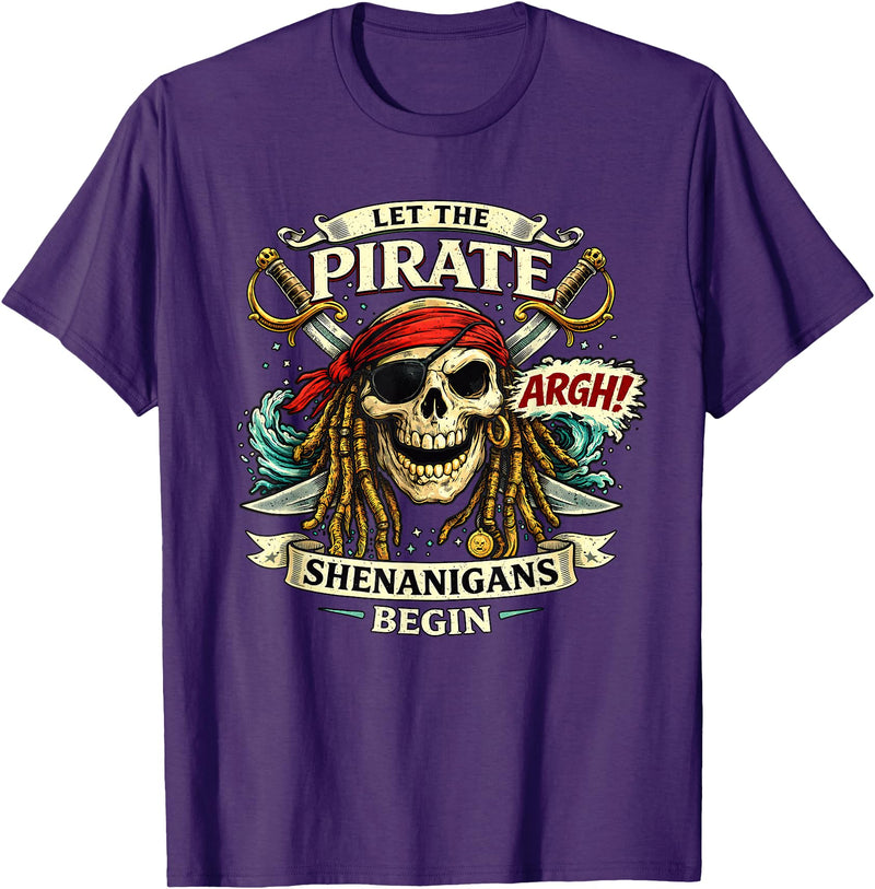 Dibble Dabble Designs Pirate Swag Argh Let the Pirate Shenanigans Begin Funny Pirate T-Shirt - Purple