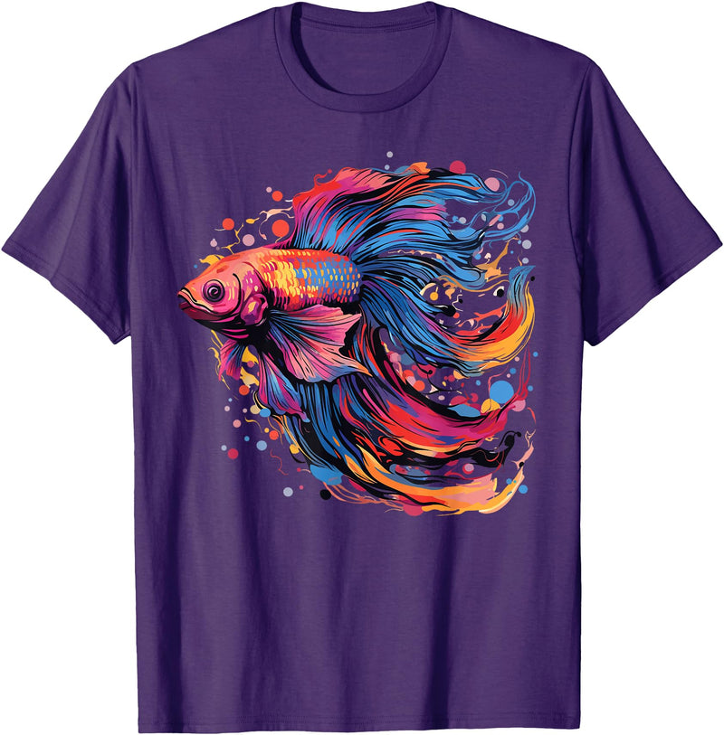 Betta Fighting Fish Splash Art Colorful Betta Fish Lover Splash Art Siamese Fighting Fish T-Shirt - Purple