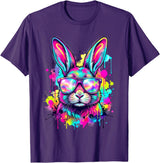 Happy Easter Bunny Face Tie Dye Bunny Rabbit with Glasses T-Shirt in Purple