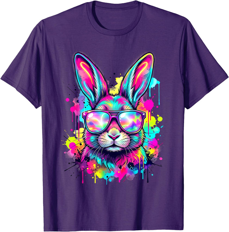 Happy Easter Bunny Face Tie Dye Bunny Rabbit with Glasses T-Shirt in Purple