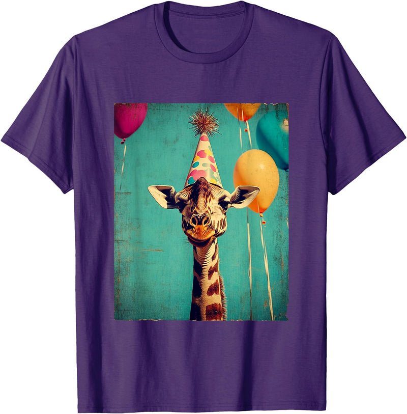Giraffe Animal Zoo Birthday Party Apparel Unisex-Kids Retro Art Print Giraffe Birthday Party T-Shirt Black Short Sleeve Small - Purple