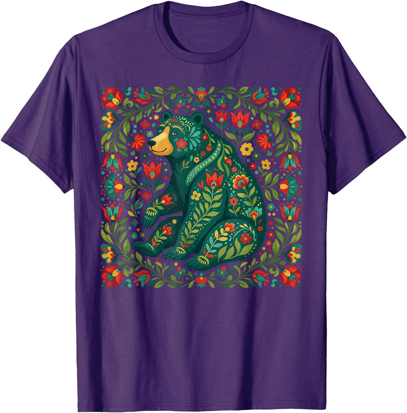 Nordic Scandinavian Folk Art Flower Designs Scandinavian Folk Art Bear Floral Pattern Nordic Animal T-Shirt - Purple