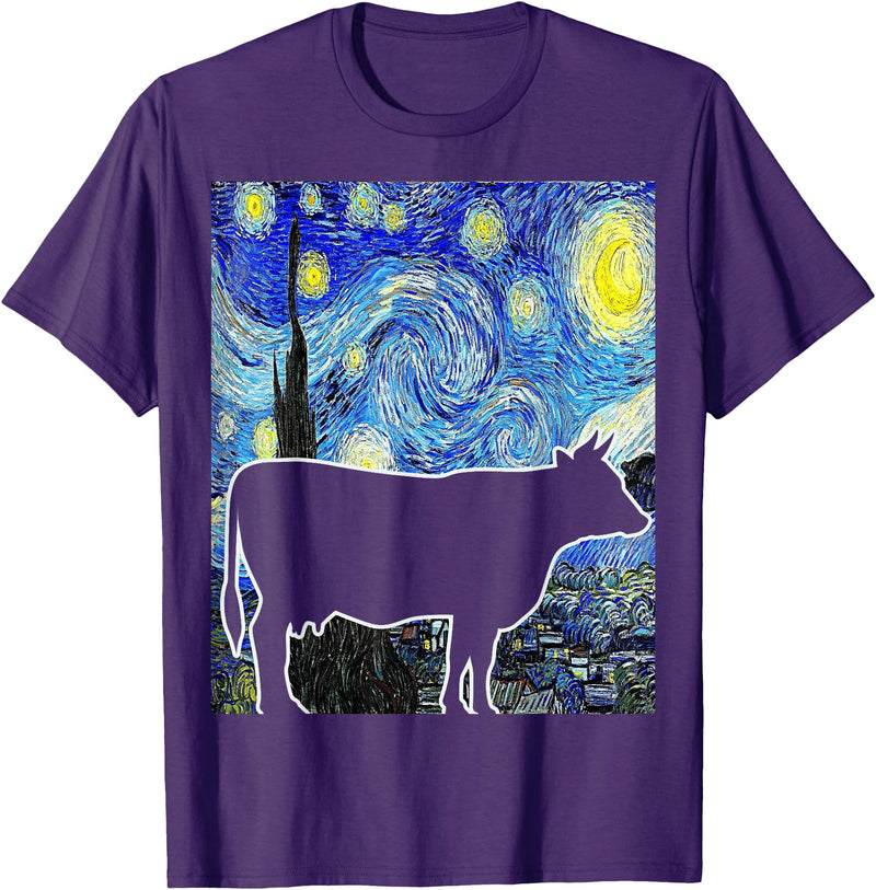 Funny Cow Van Gogh Famous Painting Cow Starry Night Van Gogh Funny Cow Farmer T-Shirt - Purple