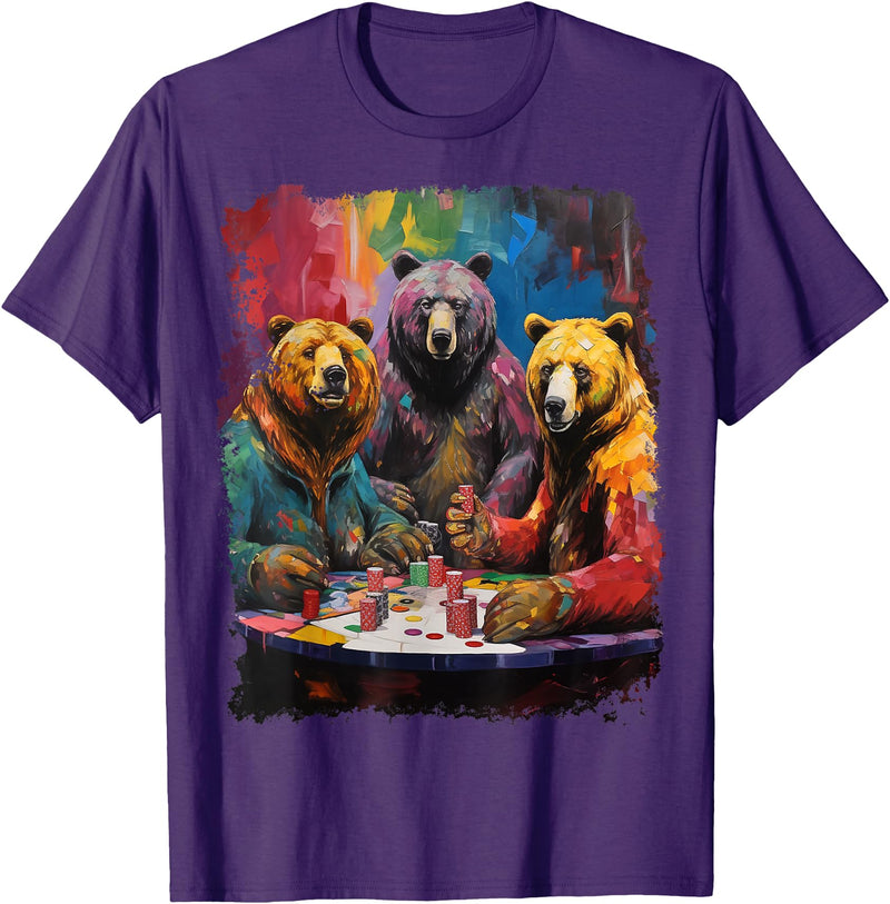 Noah&Friends Playing Card Pop Art Gambling Bears Playing Poker Cards T-Shirt - Purple