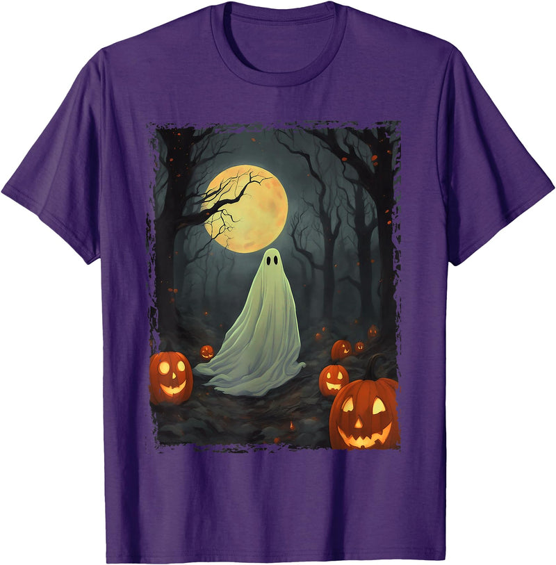 Dibble Dabble Designs Halloween Vintage Ghost in Gothic Forest Full Moon Halloween T-Shirt - Purple