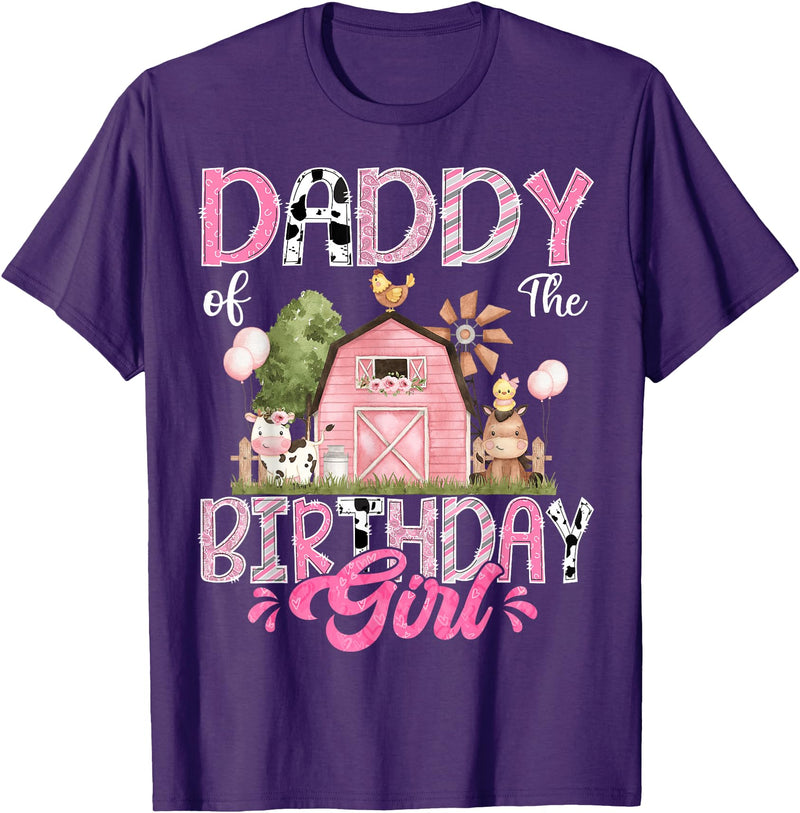 Famer Pink Cow Birthday Matching Tees Daddy Of The Birthday Girl 1St Birthday Pink Farm T-Shirt - Purple