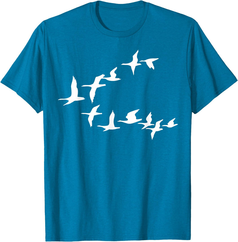 Marron Bear Birds In Flight, V Pattern Flock Of Geese T-Shirt - Sapphire Blue
