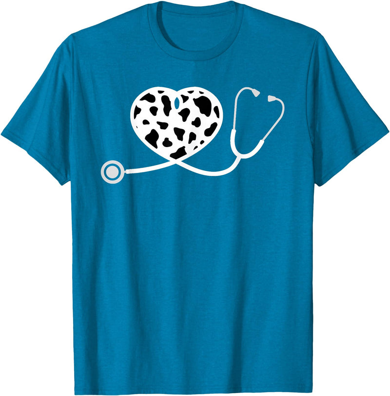Cute Cow Print Design Stethoscope Gifts Him Her Cow Print Pattern Nurse Doctor Cardiology Stethoscope Heart T-Shirt -