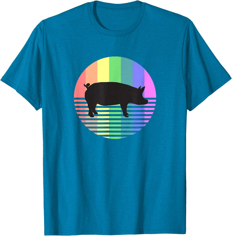 Animal Pride Retro Pig Gay Pride Vintage 80s Rainbow Pig Farm Animal Gift T-Shirt - Sapphire Blue