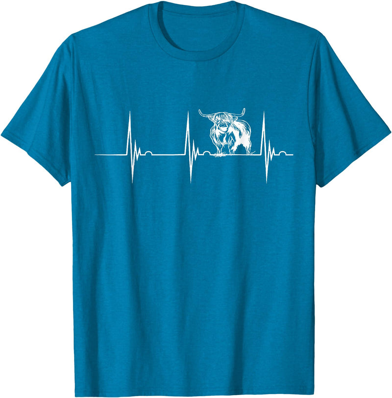 Loveable Highland Cows Hairy Coos Scottish Highland Cow Heartbeat EKG Pulse Highlander Cow T-Shirt - Sapphire Blue