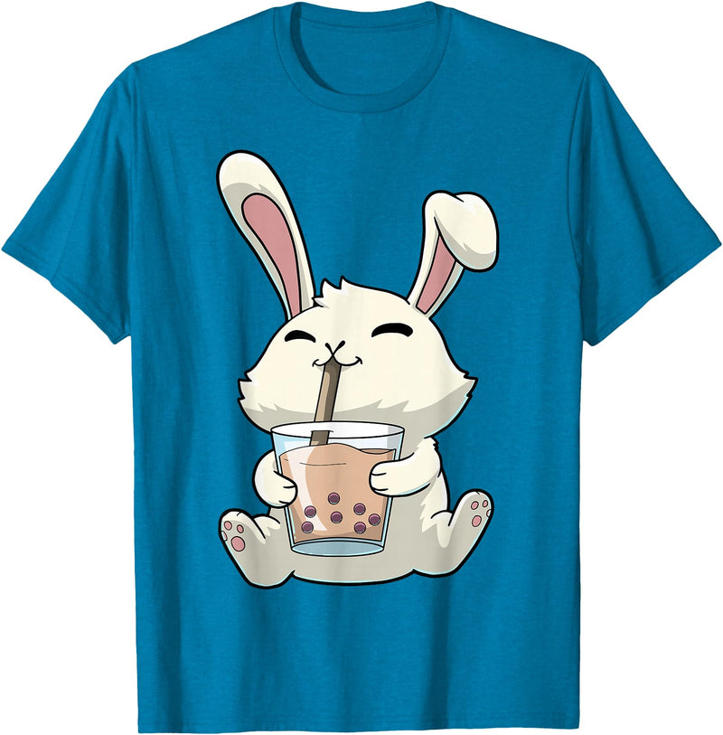 Cute Rabbit Lover Bunny Graphic T-Shirt (Olive Green) in Sapphire Blue