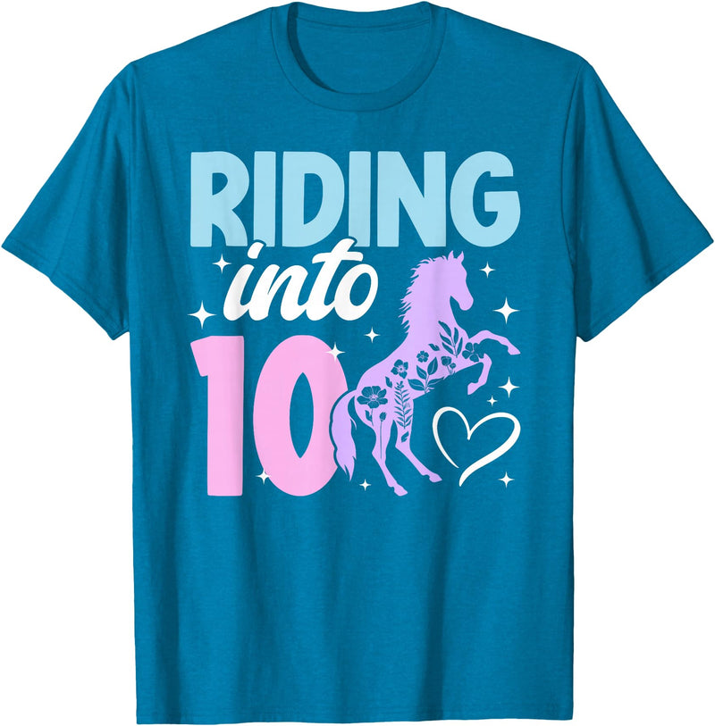 10 Year Old Horse Tenth Birthday 10th Horse Birthday Party Ten Year Old Girl Horses Birthday T-Shirt - Sapphire Blue