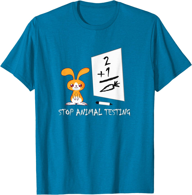Cute Rabbit Bunny Stop Animal Testing Funny Kawaii T-Shirt in Sapphire Blue