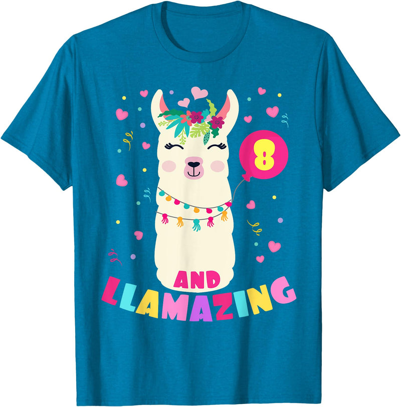 Llamazing Birthday Party Outfit Llama Lovers Llamazing 8 Years Old Girl Birthday Cute Llama Alpaca Kids T-Shirt - Sapphire Blue