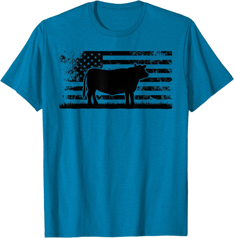Funny Red Angus Rancher Gift for Cattle Lover USA American Flag - America Cow Red Angus Rancher T-Shirt - Sapphire Blue