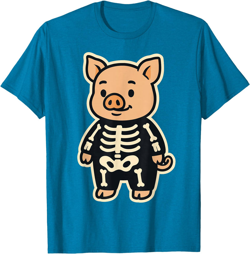 Spooky Cute Cartoon Animals in Halloween Outfits Funny Pig Skeleton Costume for Kids Boys Girls Halloween T-Shirt - Sapphire Blue