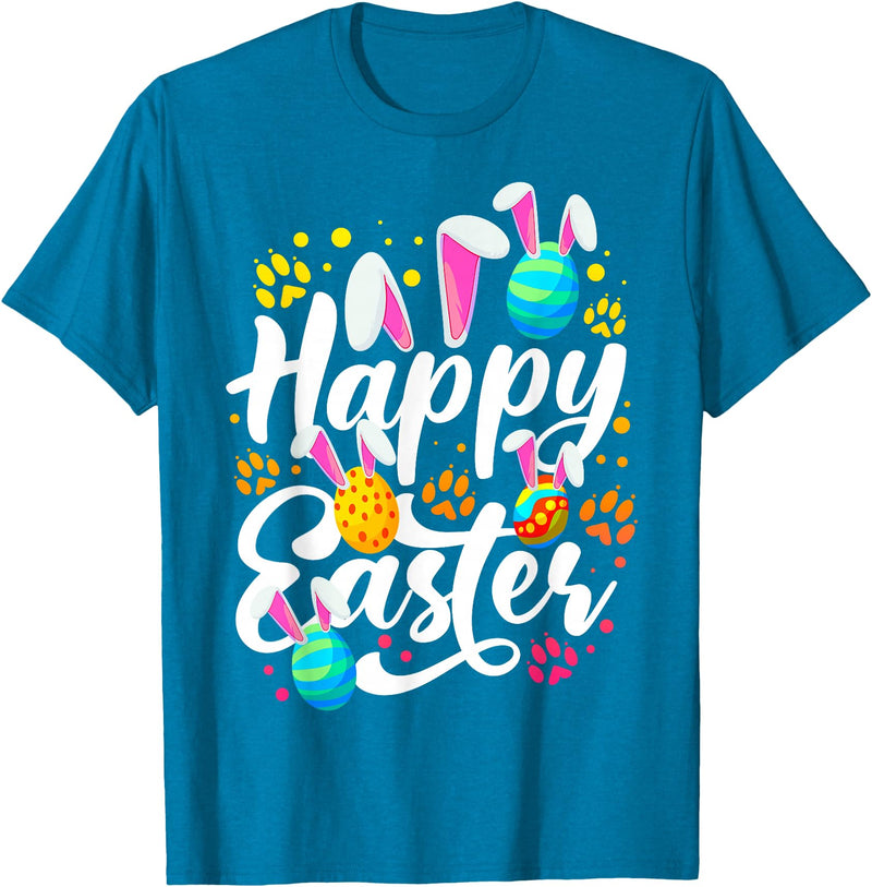 Funny Happy Easter Eggs with Easter Bunny Rabbit Ears T-Shirt in Sapphire Blue