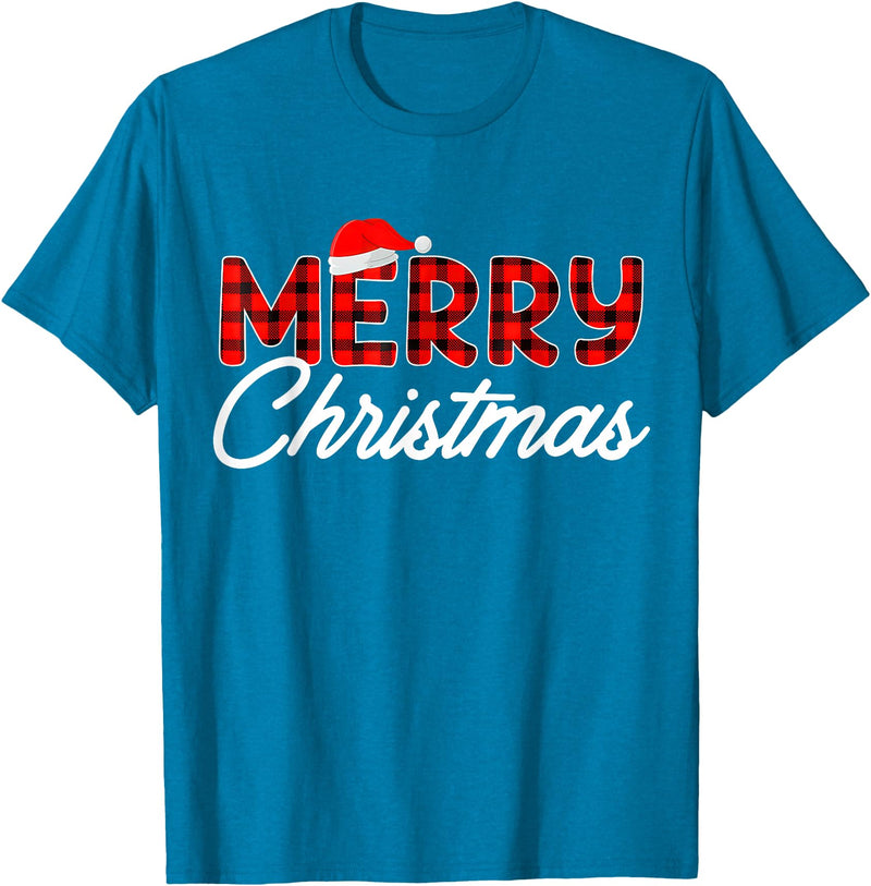 Merry Christmas Buffalo t -shir t Merry Christmas Buffalo Plaid Red Santa Hat Xmas Pajamas T-Shirt - Sapphire Blue