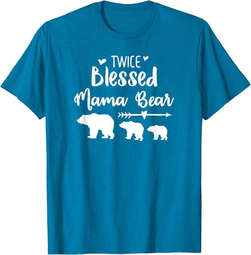 My Tribe Bear Shirts Twice Blessed Mama Bear With Two Baby Cubs Bear Shirt T-Shirt - Sapphire Blue