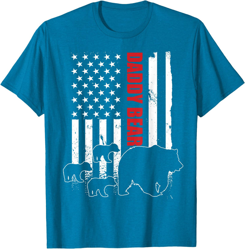 Vintage Gift for proud Dad of three Kids 4th July Daddy Bear with 3 cubs American Flag Daddy Bear Triplets T-Shirt - Sapphire Blue