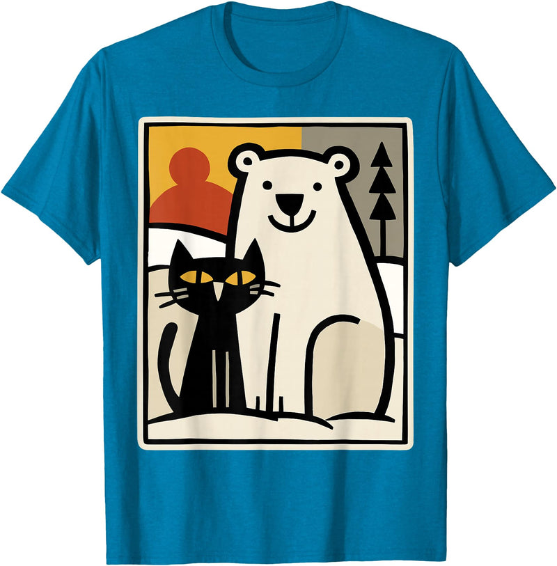 Utschki Bratschki Black Cat and Polar Bear Winter Animal Cute Snow Art T-Shirt - Sapphire Blue