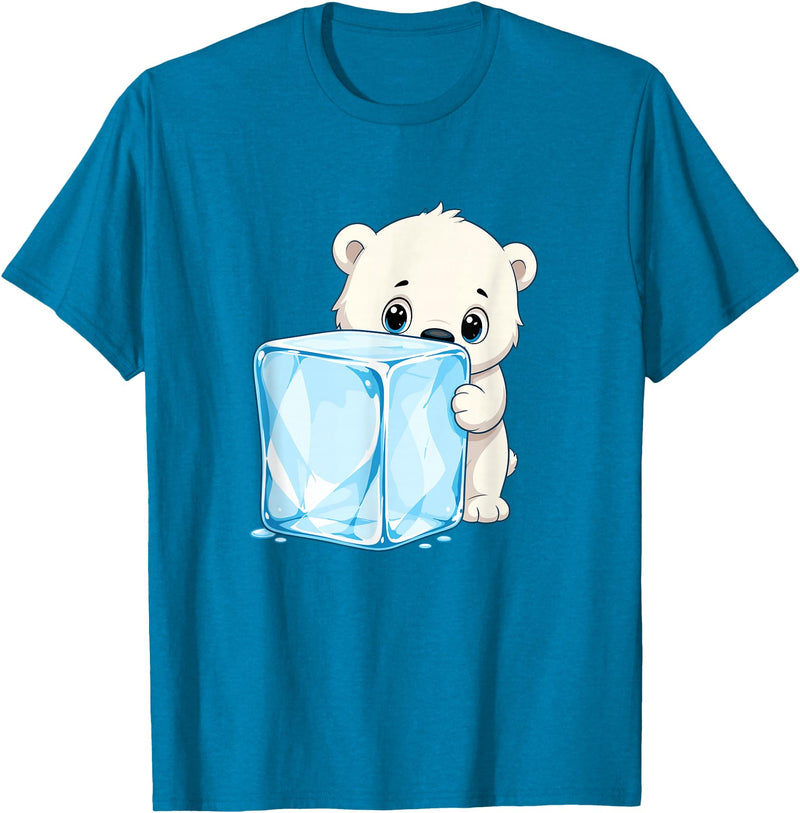 Cute Polar Bear Ice Cube Arctic Kawaii Adorable Baby Polar Bear Hugging Big Ice Cube T-Shirt - Sapphire Blue