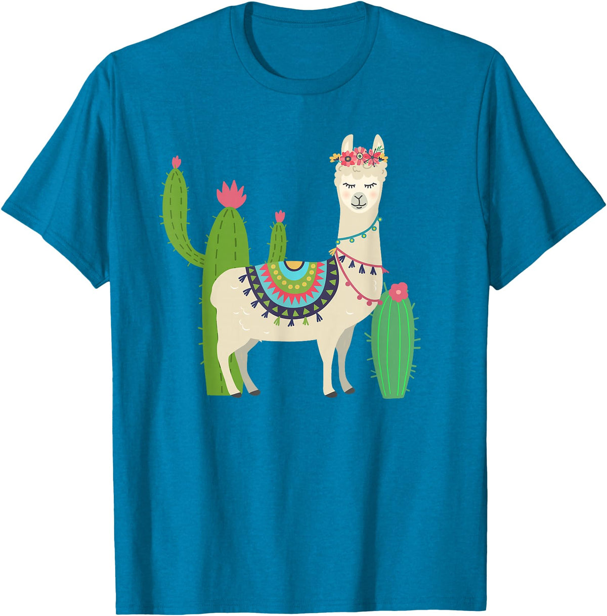Captivaca Llama Shirts Cute Llama with Flower & Cactus/Llama Lover Gift T-Shirt Small - Sapphire Blue