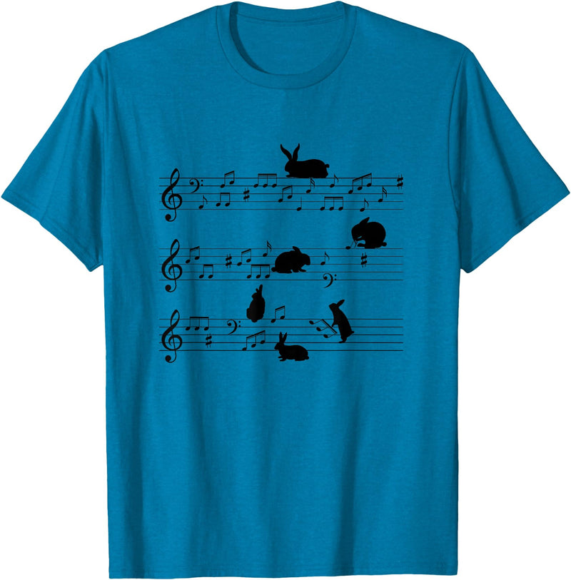 Cute Bunny Rabbit Playing Music Notes Musician T-Shirt in Sapphire Blue