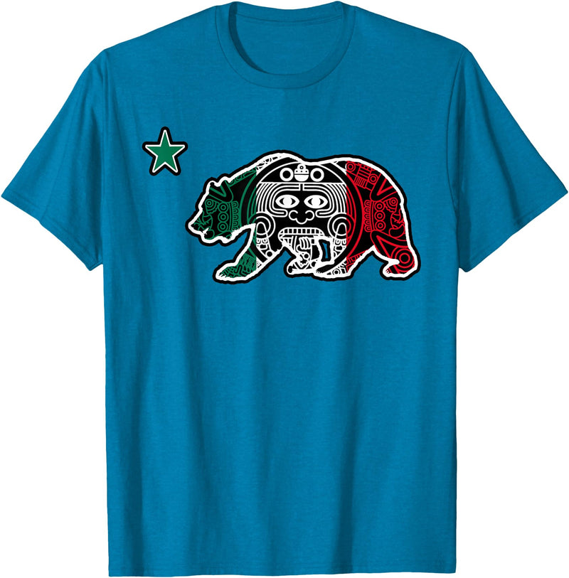 California Aztec Apparel Co California Republic Bear Aztec Calendar Mexico Mexican Flag T-Shirt - Sapphire Blue