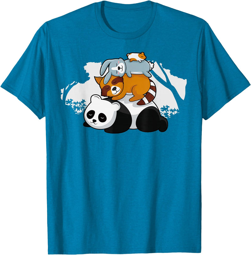 Panda Raccoon Rabbit Hamster Pyramid Cute Sleeping Animals T-Shirt in Sapphire Blue