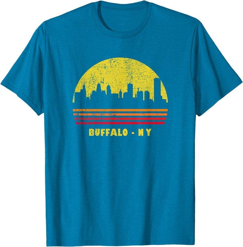 Wowsome! Vintage Retro Sunset Buffalo NY Skyline T-Shirt - Sapphire Blue