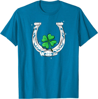 Lucky Clover Horses Co Horseshoe Lucky Four Leaf Clover Horse T-Shirt - Sapphire Blue